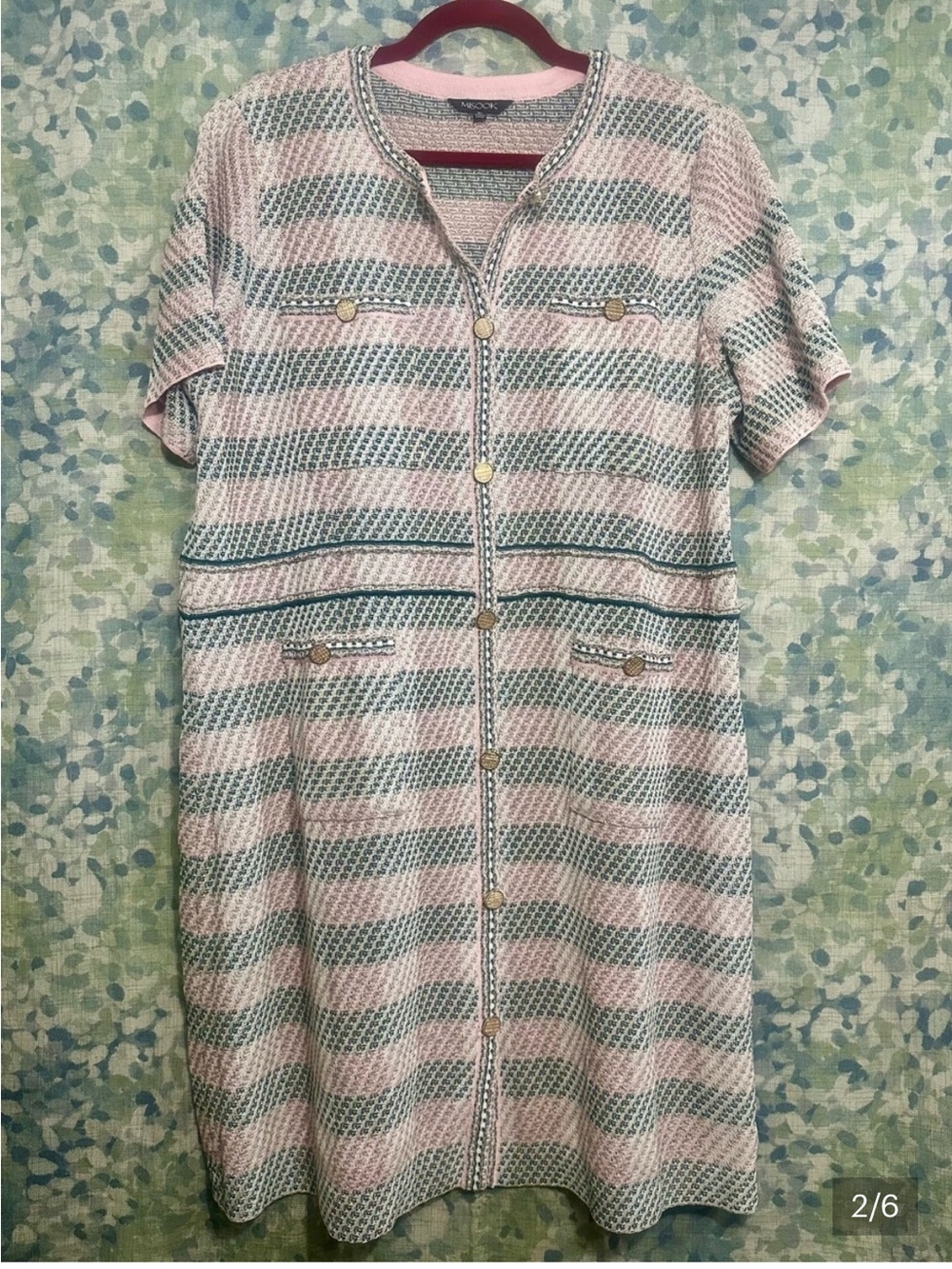 Misook Textured Knit Gold Button Dress Pink Blue Stripe Midi XL - Picture 2 of 5